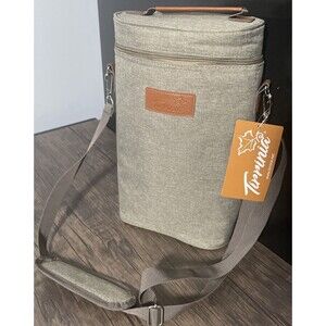 Tippinia Soft Wine Cooler Gray Leather Accents Thermal Padded Zip Closure NWT
